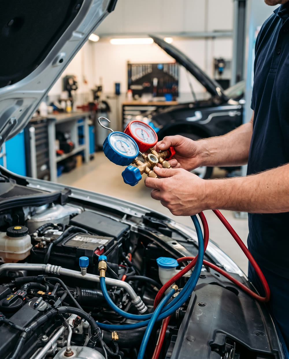 Técnico Vale Ar aferindo pressão de ar-condicionado automotivo em Ipatinga